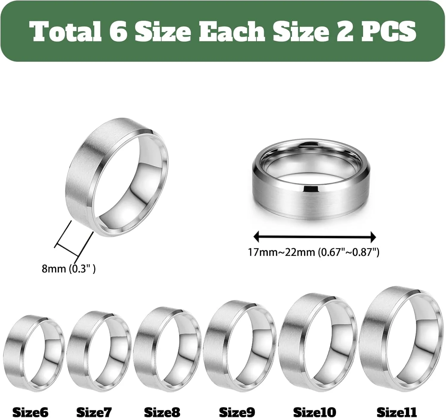 18PCS Stainless Steel Blank Core Ring 8mm Plain Inlay Finger Rings Round Solid Metal Band Size 6/7/8/9/10/11 Comfort Simple Brushed Matte Polished Silver Wedding Ring for DIY Jewelry Making (B1)