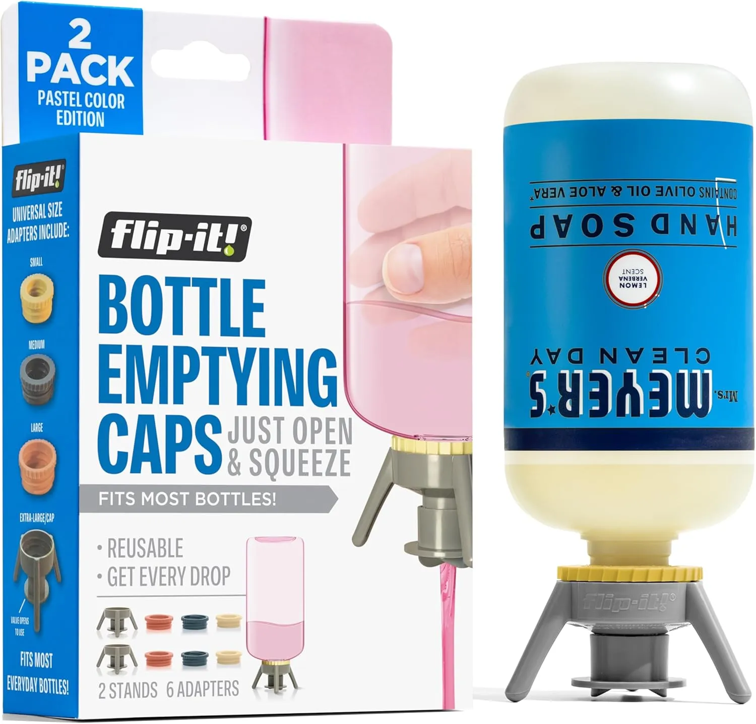 2-Pack Premium Bottle Emptying Kit  No more wasted product - Fits most plastic bottles  Get out every drop of Shampoos, Lotions, & More  2 Base Caps, 6 Adapters  Pastel Color Edition