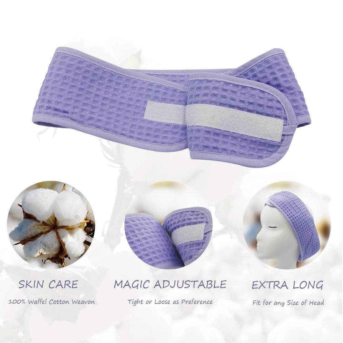 (3 Pack Adjustable Makeup Headband with Magic Tape Natural Terry Waffle Sweat-Absorbent Spa Shower Wrap Yoga Sports Hairband (Purple))