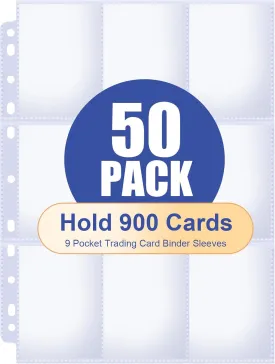 50 Pack Card Sleeves Binder Sheets, 9 Pocket Trading Card Binder Sleeves for 3 Ring Binder, Baseball Cards Sleeves Holds 900 Cards Fit for Baseball, Football, Game, Kpop Cards