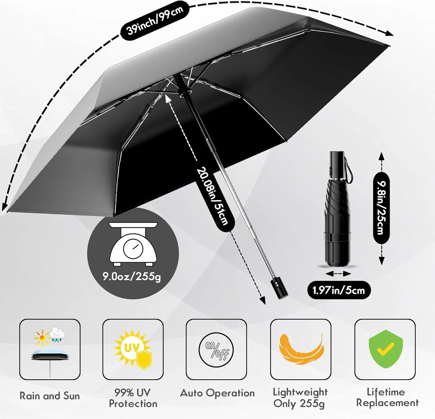 Automatic Mini Travel Windproof Folding Umbrella - UV Protection, Instant Open/Close for Rain/Sun, Small Compact Lightweight Design Fits in Tote Bag/Travel Case/Backpack for Commute,Women&Men