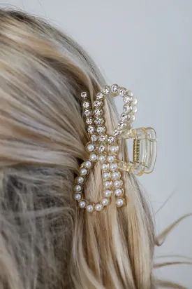Bejeweled Beauty Rhinestone   Pearl Bow Claw Hair Clip