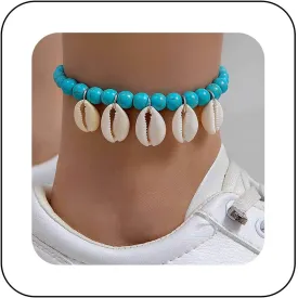 Bohemian Cowrie Shell Dangle Ankle Bracelet Seashell Turquoise Bead Anklet Chain Turquoise Beaded Chain Anklets Turquoise Stone Bead Anklets Summer Beach Foot Chain Jewelry for Women
