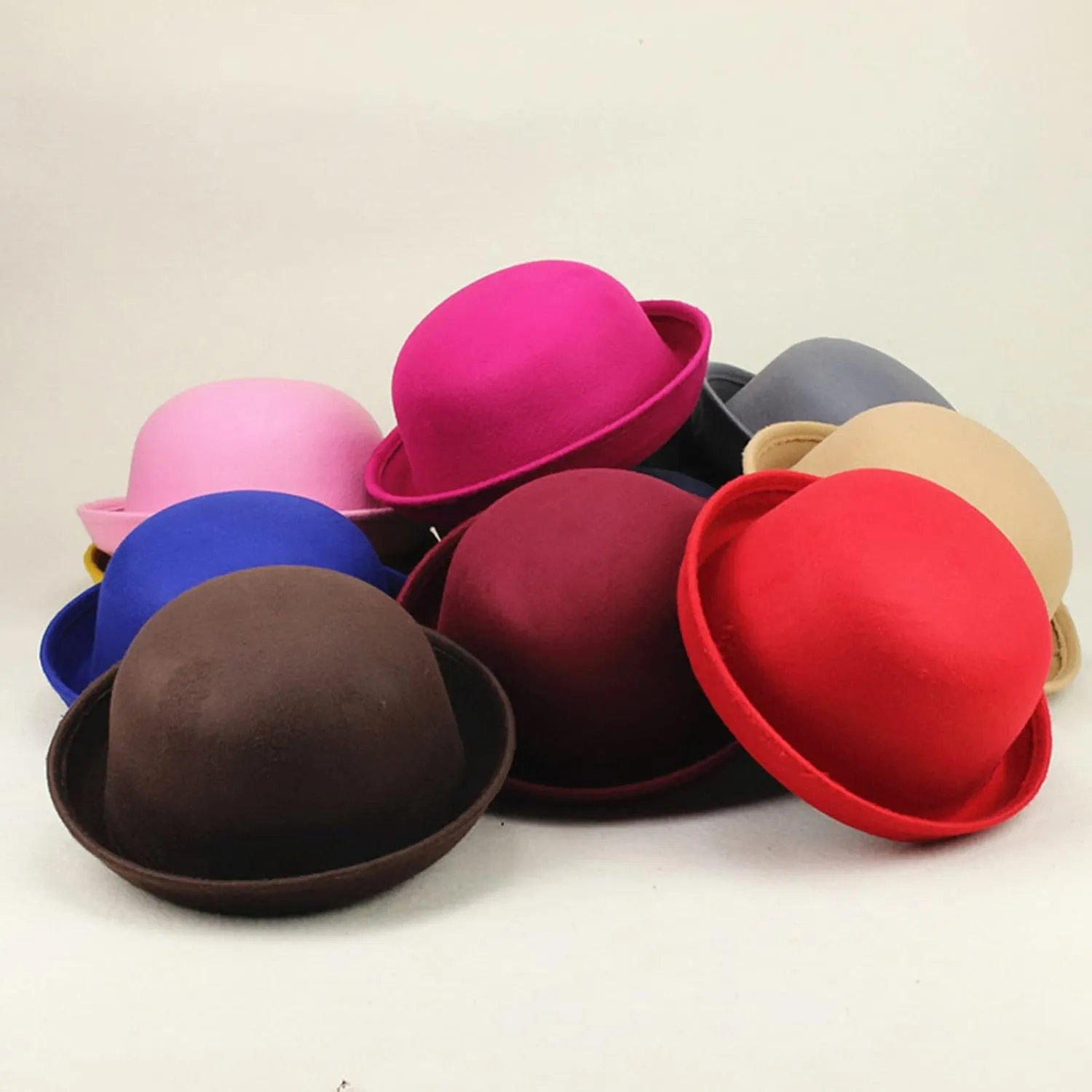 Classic Wool Round Bowler Hats Trendy Fedora Bucket Caps with Roll-up Brim for Youth Petite Bowler Hat