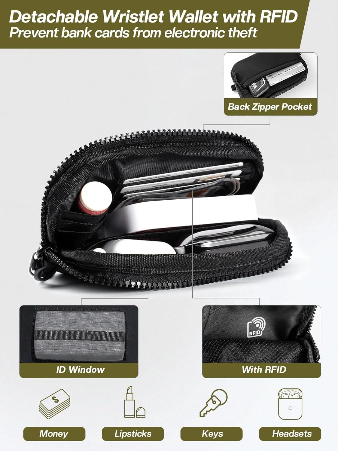 Clip and Go Strap for Phone with Wallet Crossbody Phone Lanyard Adjustable and Detachable RFID Wristlet Wallet with ID Window and Zipper, Black