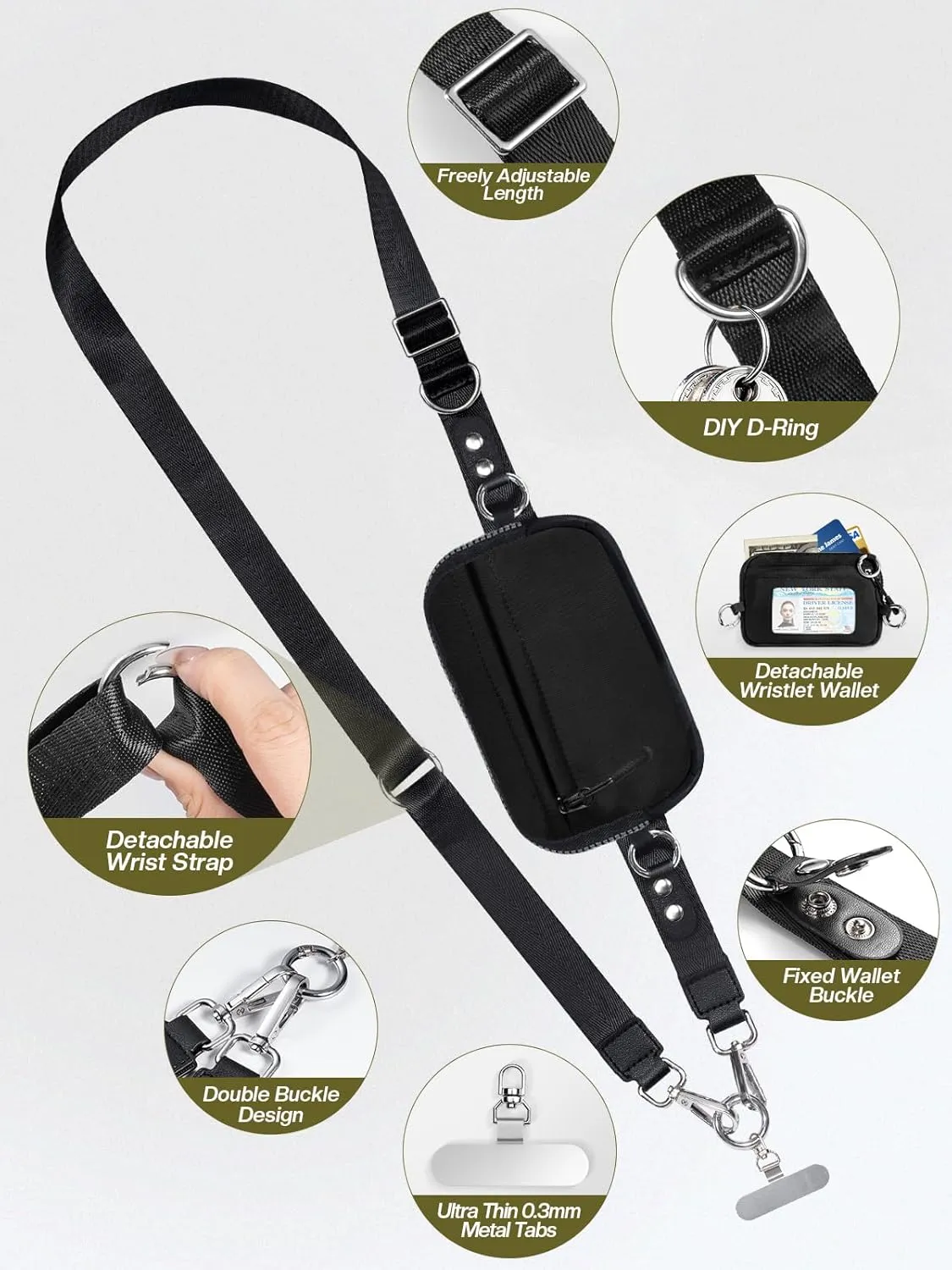 Clip and Go Strap for Phone with Wallet Crossbody Phone Lanyard Adjustable and Detachable RFID Wristlet Wallet with ID Window and Zipper, Black