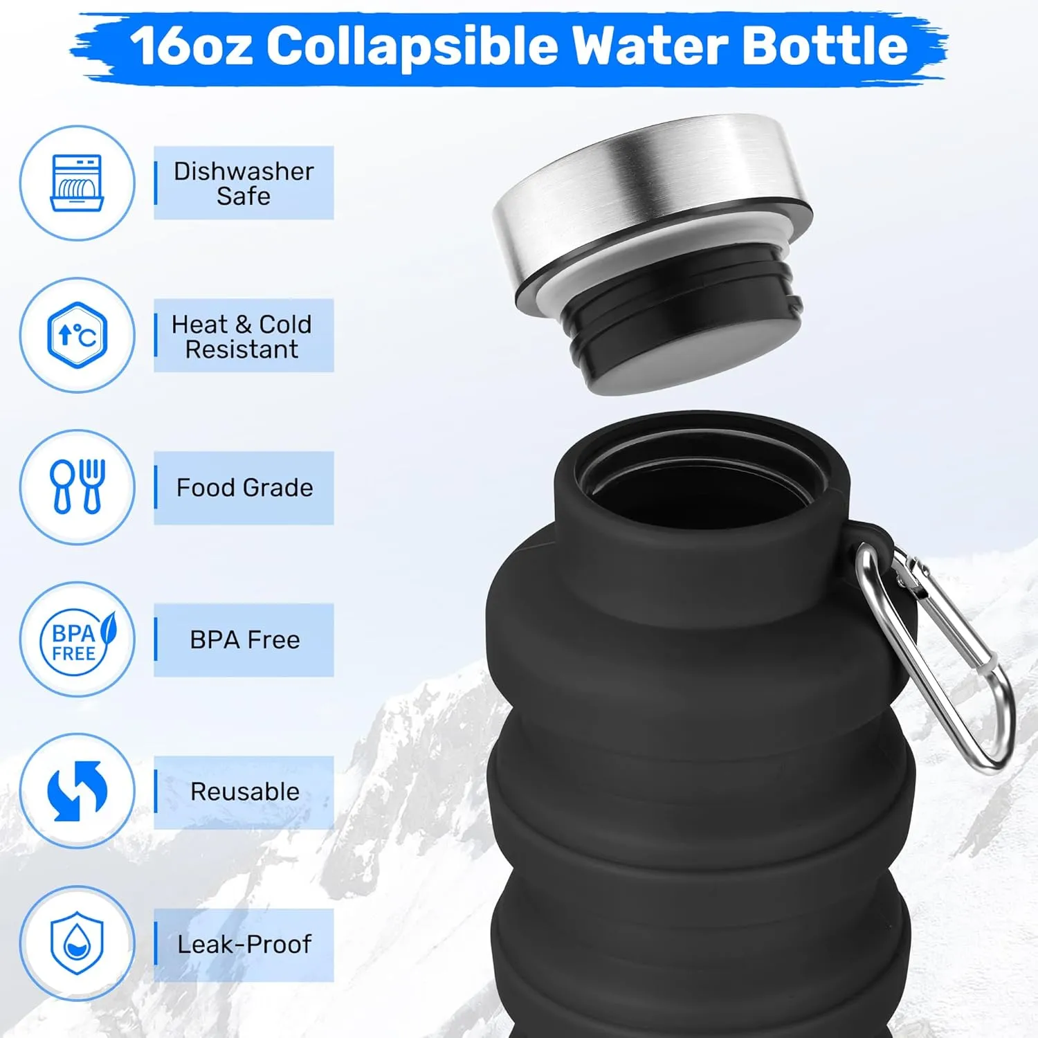 Collapsible Water Bottles, Reuseable BPA Free Silicone Foldable Water Bottle 16oz, Lightweight Leakproof Portable Travel Water Bottles for Traveling Camping Hiking Sports(Pink)