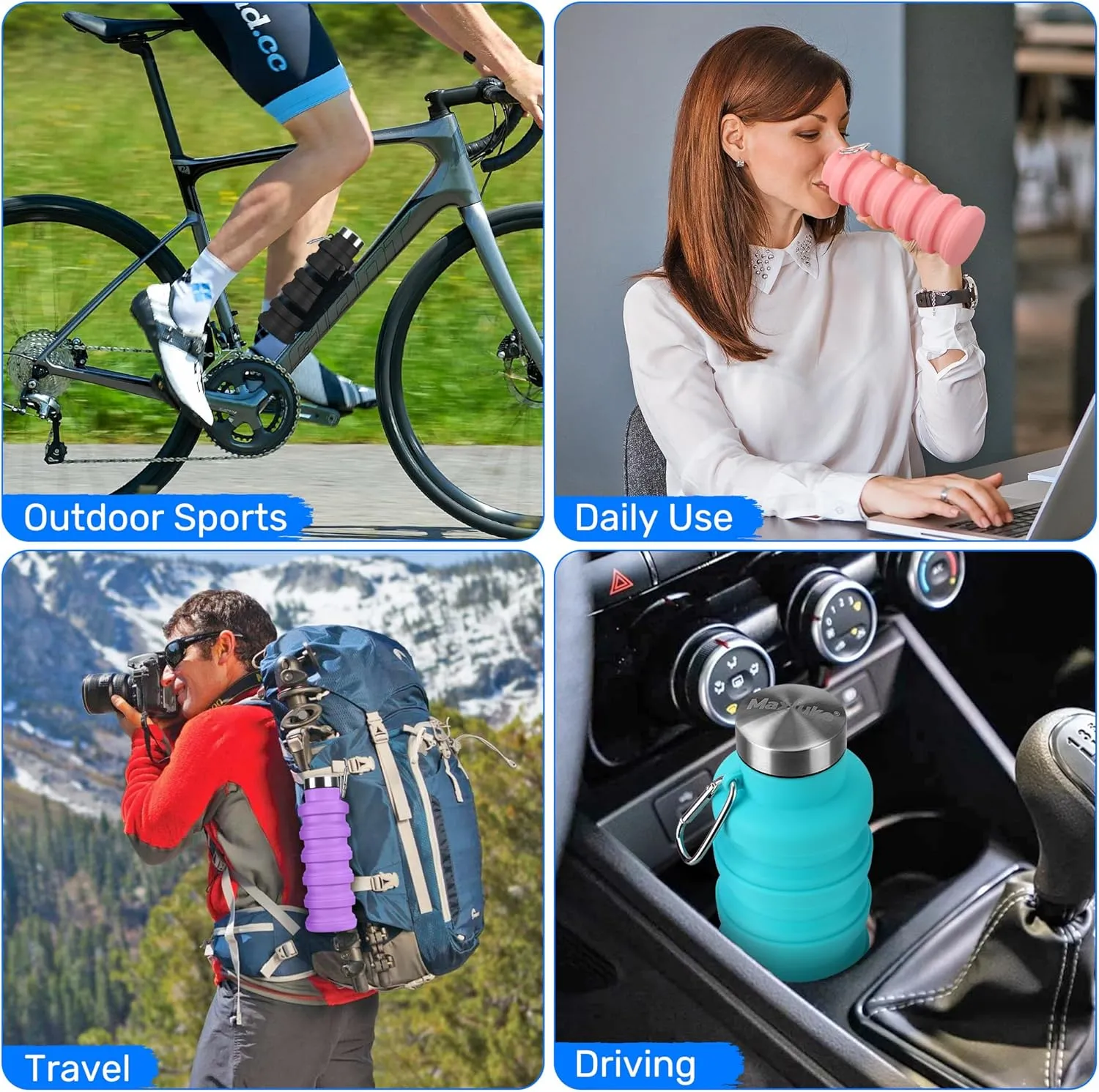 Collapsible Water Bottles, Reuseable BPA Free Silicone Foldable Water Bottle 16oz, Lightweight Leakproof Portable Travel Water Bottles for Traveling Camping Hiking Sports(Pink)