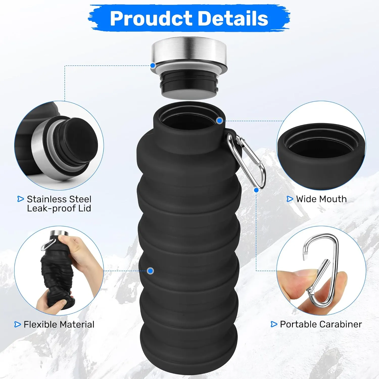 Collapsible Water Bottles, Reuseable BPA Free Silicone Foldable Water Bottle 16oz, Lightweight Leakproof Portable Travel Water Bottles for Traveling Camping Hiking Sports(Pink)