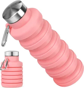 Collapsible Water Bottles, Reuseable BPA Free Silicone Foldable Water Bottle 16oz, Lightweight Leakproof Portable Travel Water Bottles for Traveling Camping Hiking Sports(Pink)
