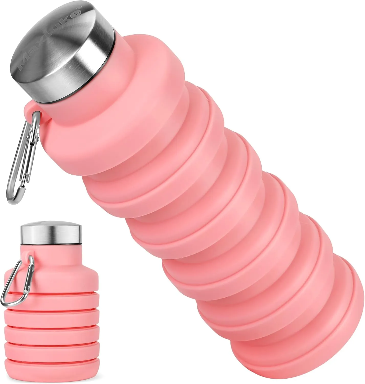 Collapsible Water Bottles, Reuseable BPA Free Silicone Foldable Water Bottle 16oz, Lightweight Leakproof Portable Travel Water Bottles for Traveling Camping Hiking Sports(Pink)