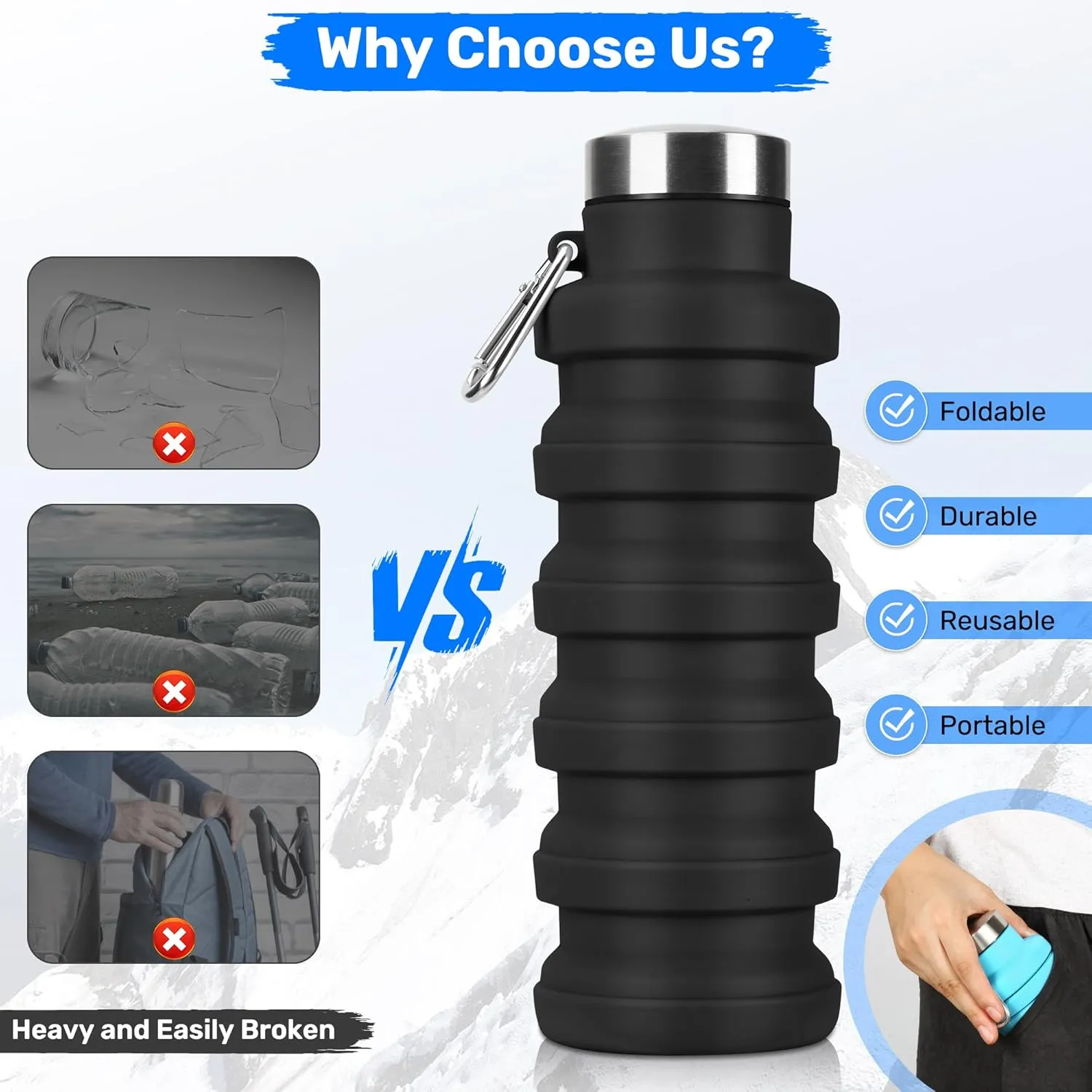 Collapsible Water Bottles, Reuseable BPA Free Silicone Foldable Water Bottle 16oz, Lightweight Leakproof Portable Travel Water Bottles for Traveling Camping Hiking Sports(Pink)