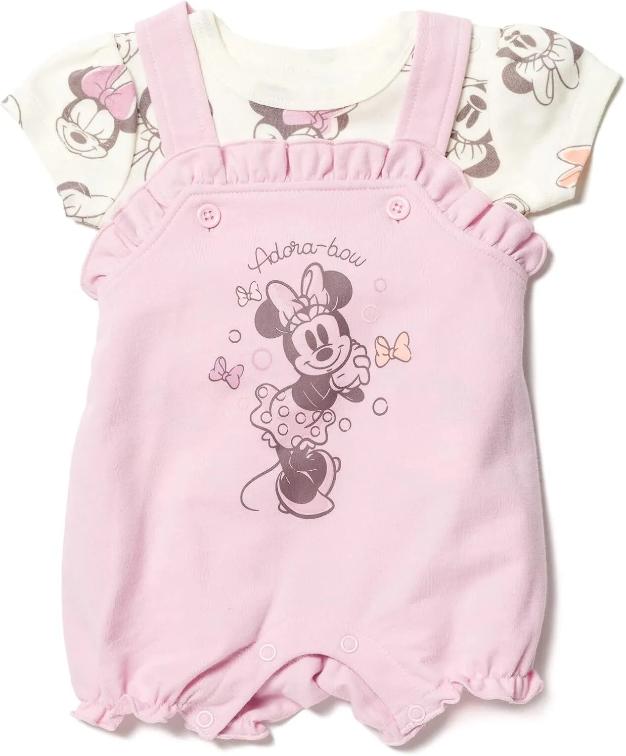 Disney Junior Baby Girls French Terry Short Overalls, T-Shirt & Hat 3 Piece Outfit Newborn to Infant Sizes (0-24 Months)