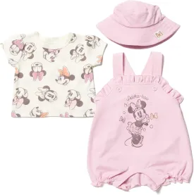Disney Junior Baby Girls French Terry Short Overalls, T-Shirt & Hat 3 Piece Outfit Newborn to Infant Sizes (0-24 Months)