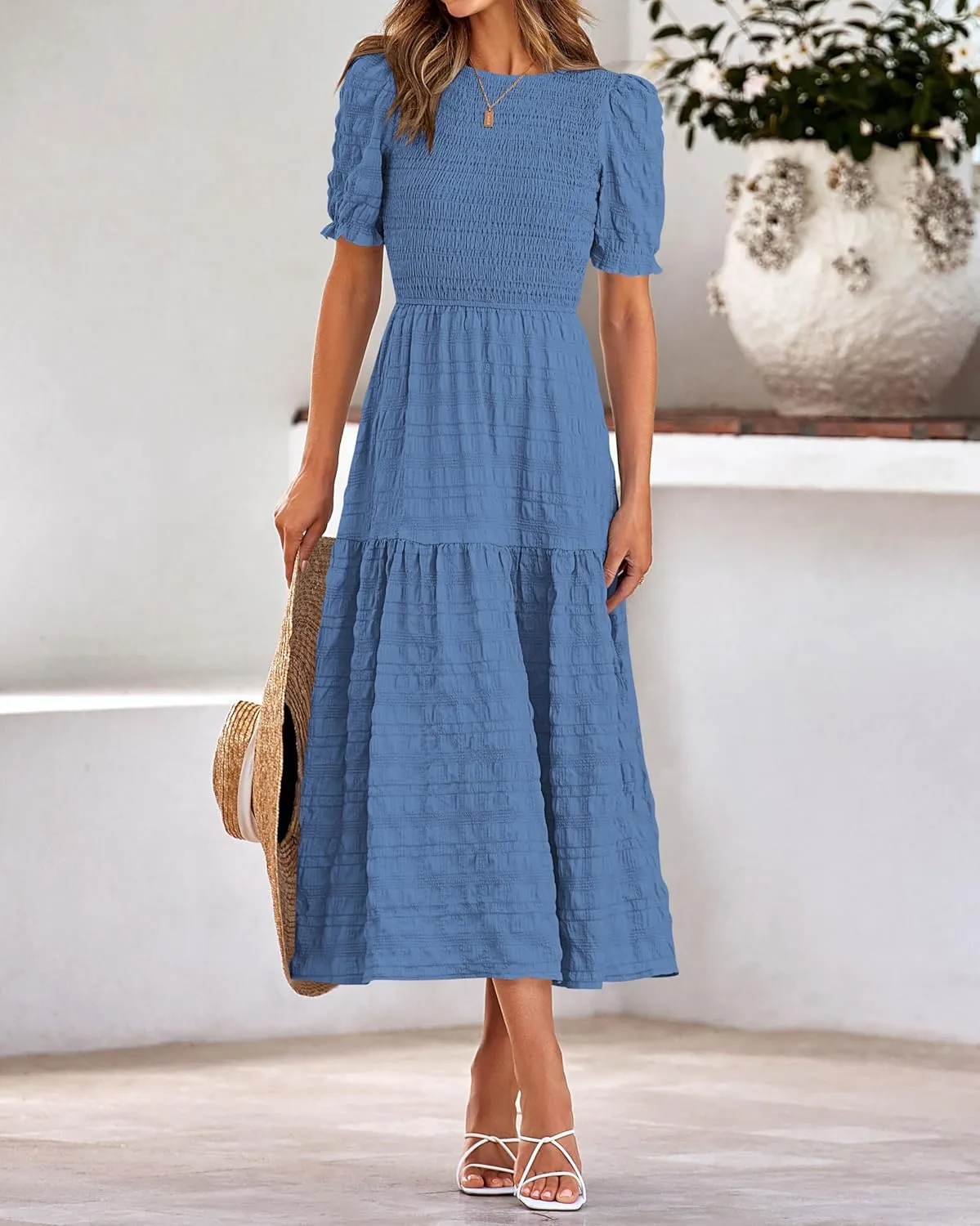 dowerme Womens Summer Dresses 2025 Casual Puff Short Sleeve Crewneck Smocked Flowy Ruffle Boho Beach Party Maxi Sundress