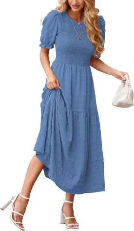 dowerme Womens Summer Dresses 2025 Casual Puff Short Sleeve Crewneck Smocked Flowy Ruffle Boho Beach Party Maxi Sundress