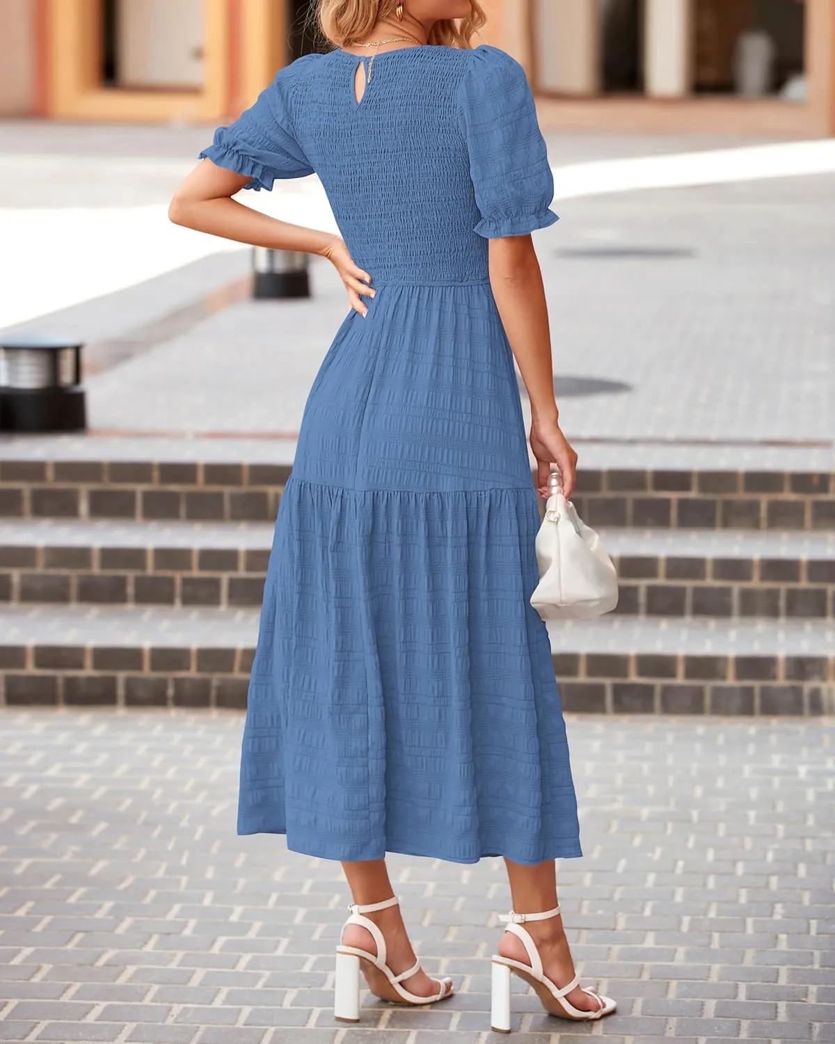 dowerme Womens Summer Dresses 2025 Casual Puff Short Sleeve Crewneck Smocked Flowy Ruffle Boho Beach Party Maxi Sundress