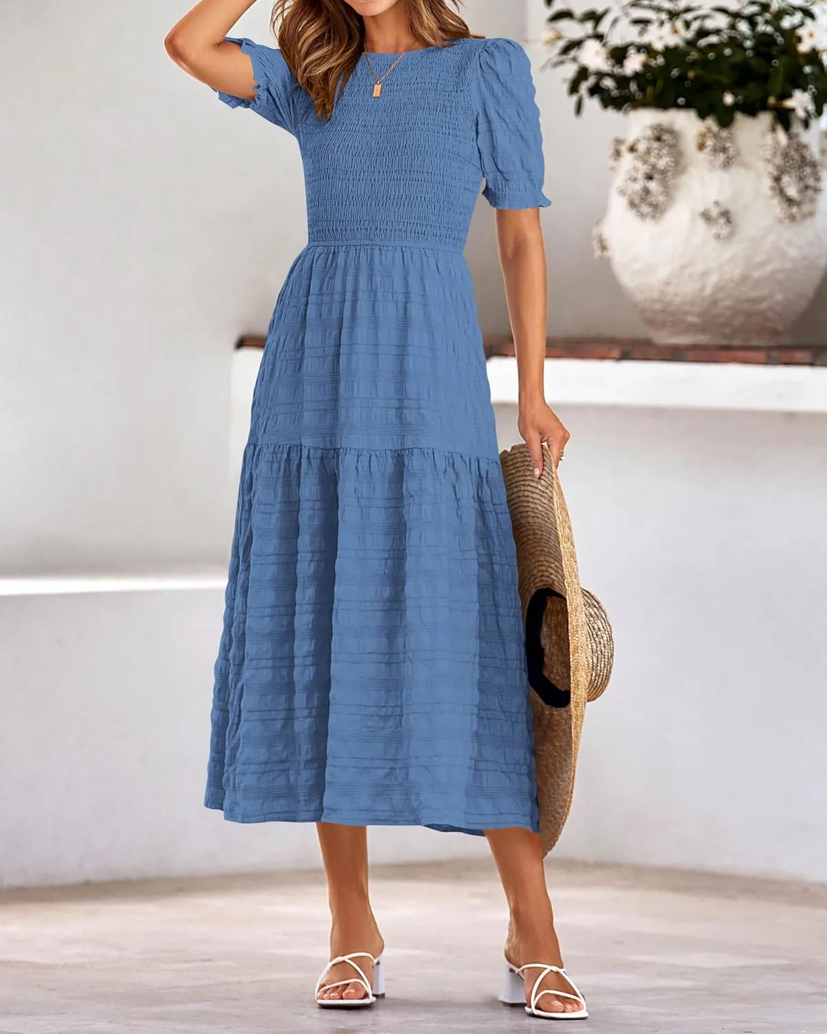 dowerme Womens Summer Dresses 2025 Casual Puff Short Sleeve Crewneck Smocked Flowy Ruffle Boho Beach Party Maxi Sundress
