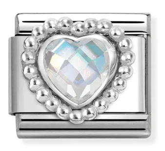 Gemstone - White Faceted CZ Heart with Dots Beaded Setting Silver Charm