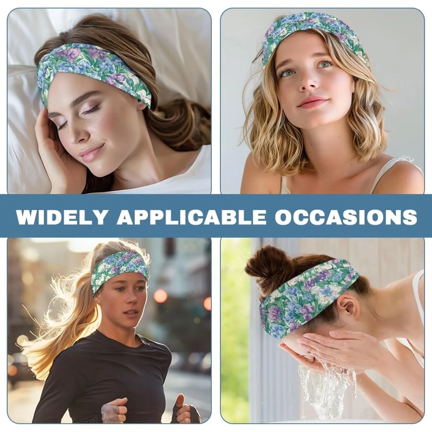 Gomyblomy Blue Purple Floral Nurse Headbands with Buttons for Mask Non Slip Wide Hair Bands for Women Fashion Yoga Workout Sweatband Ear Protection for Nurses Doctors