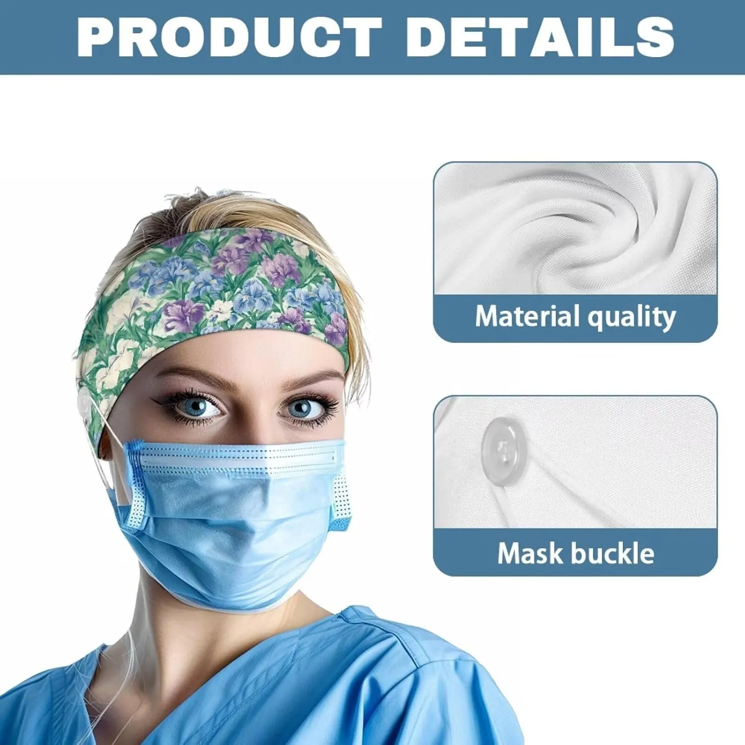 Gomyblomy Blue Purple Floral Nurse Headbands with Buttons for Mask Non Slip Wide Hair Bands for Women Fashion Yoga Workout Sweatband Ear Protection for Nurses Doctors