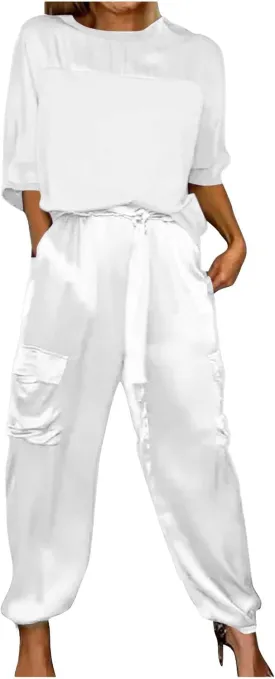 Integrity Satin Pants Set, Smooth Satin Half-Sleeved Top and Pants Set, Casual Comfort Set