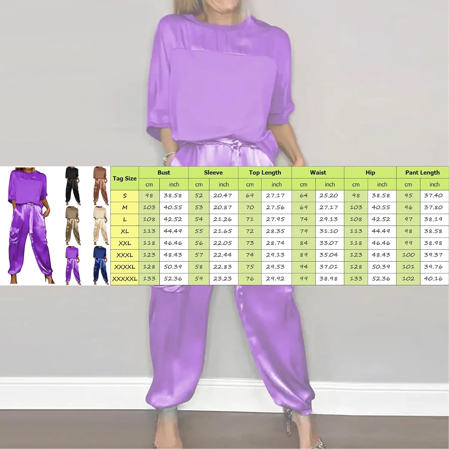 Integrity Satin Pants Set, Smooth Satin Half-Sleeved Top and Pants Set, Casual Comfort Set