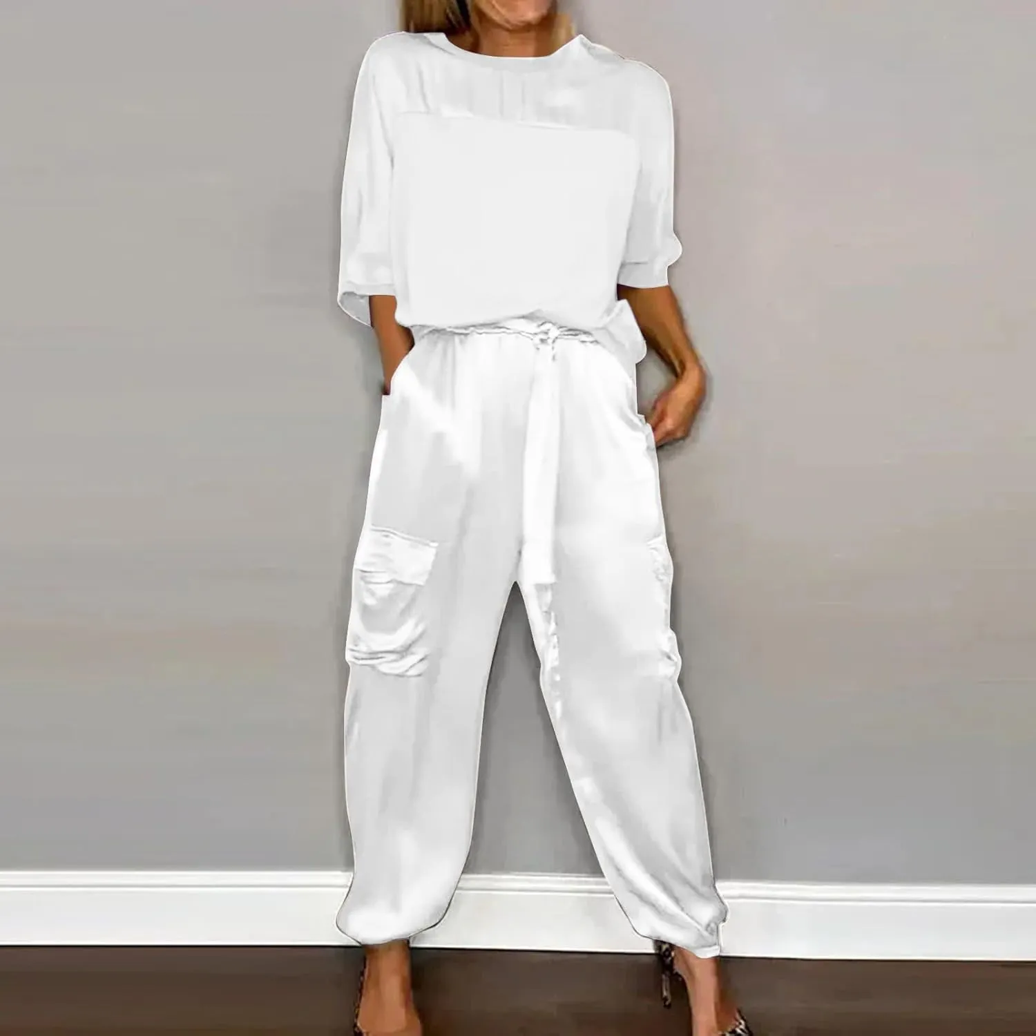 Integrity Satin Pants Set, Smooth Satin Half-Sleeved Top and Pants Set, Casual Comfort Set