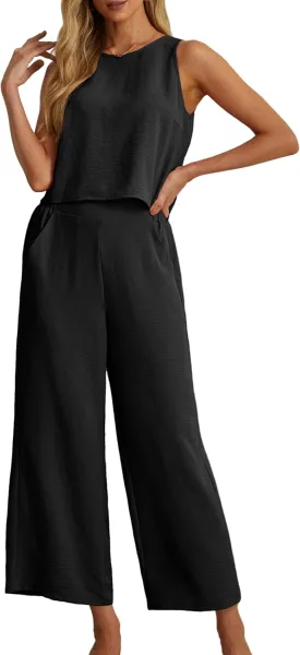 IWOLLENCE Women's Summer 2 Piece Outfits Set Round neck Sleeveless Tank Crop Top Wide Leg pants Set Pockets Jumpsuits
