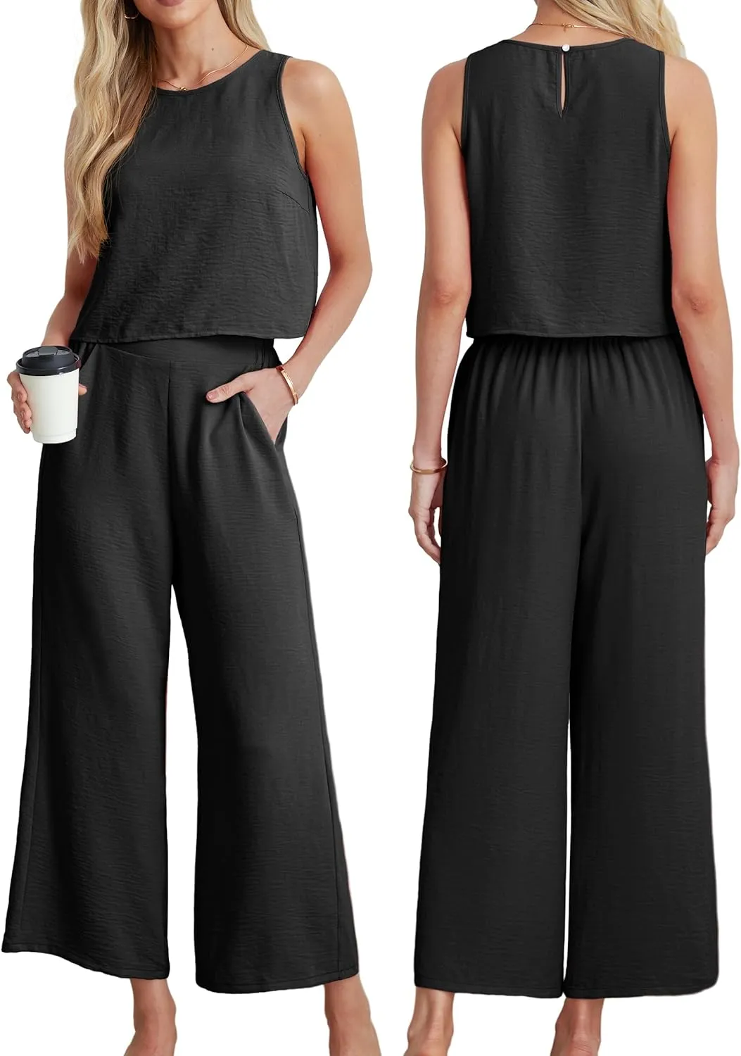 IWOLLENCE Women's Summer 2 Piece Outfits Set Round neck Sleeveless Tank Crop Top Wide Leg pants Set Pockets Jumpsuits