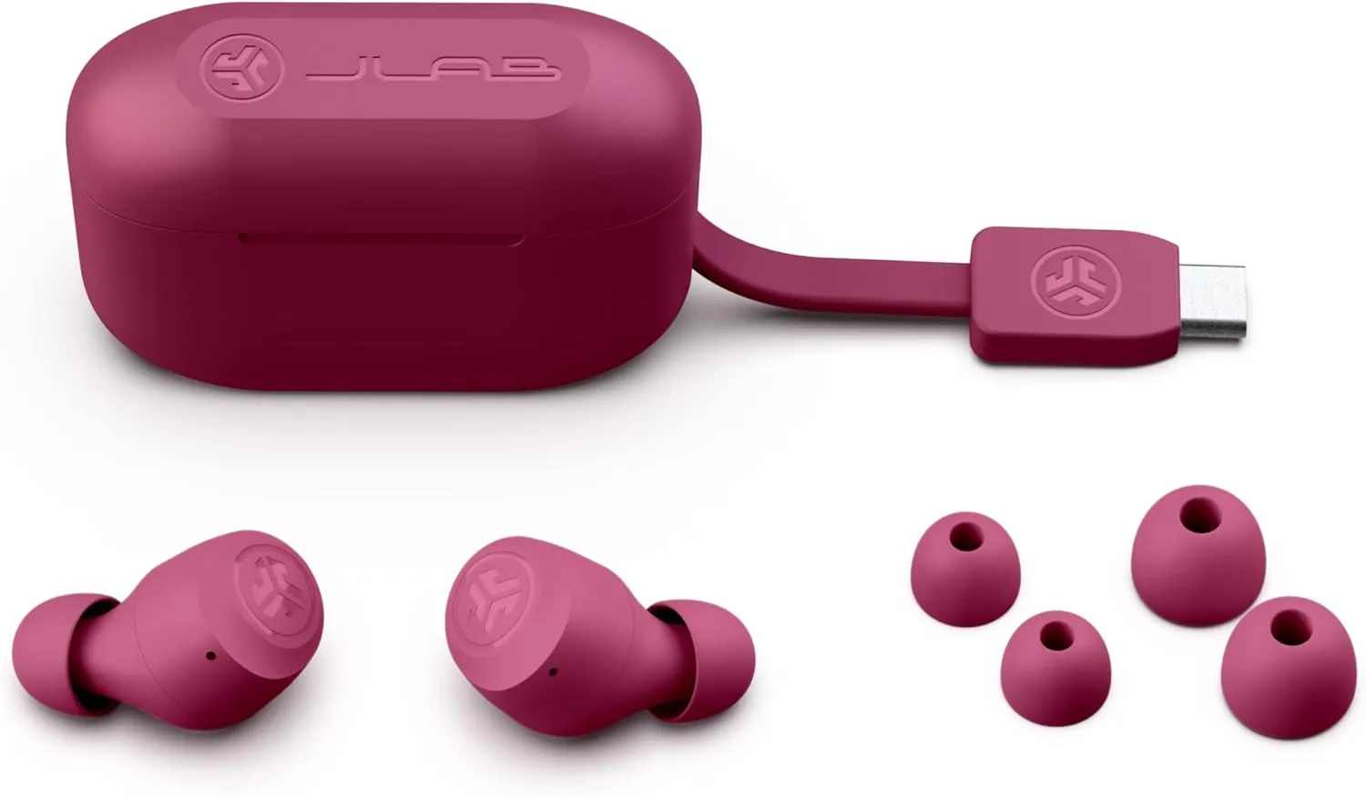 JLab Go Pop  True Wireless Bluetooth Earbuds & Charging Case - Dark Pink, App Support, Dual Connect, IPX4 Sweat Resistance, Bluetooth 5 Connection, 3 EQ Sound Settings Signature, Balanced, Bass Boost