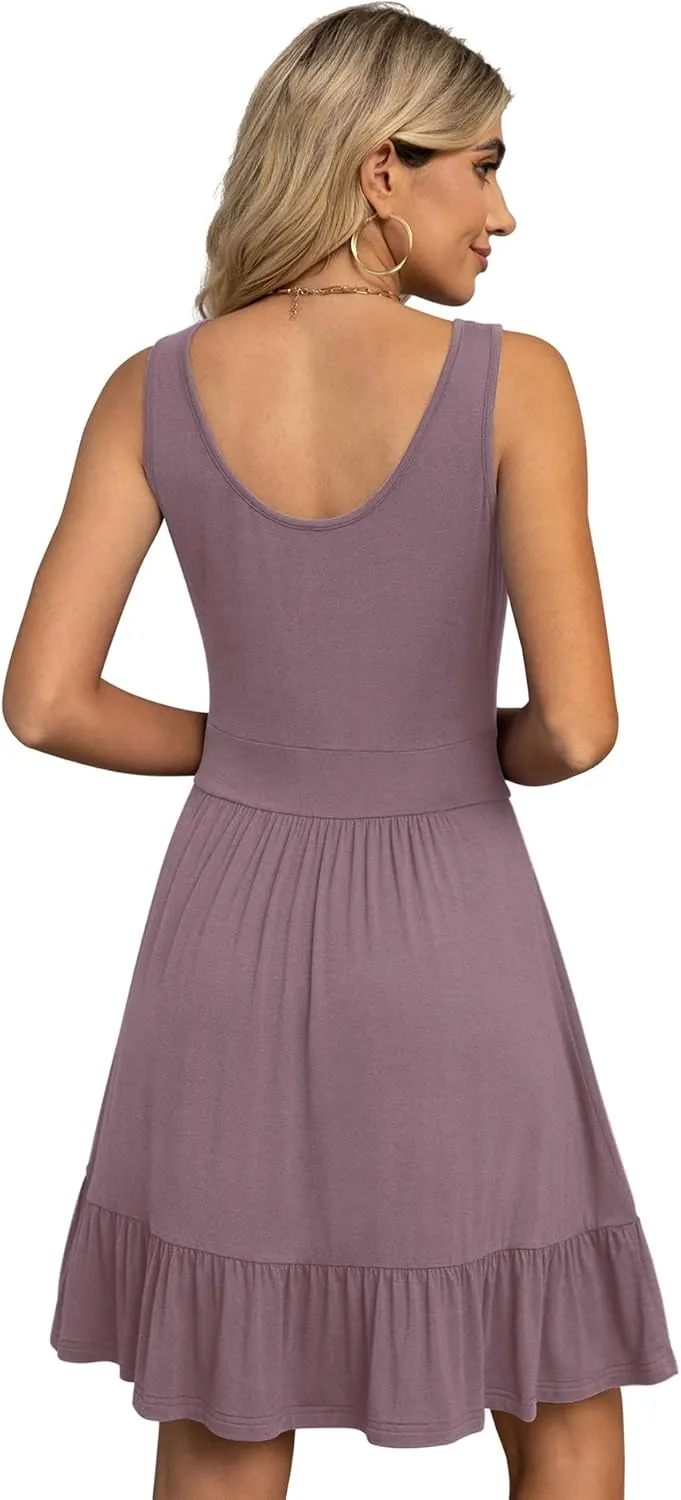 LILBETTER Women's Summer Casual U Neck Sundresses Pleated Knee Length Sleeveless Tank Dress