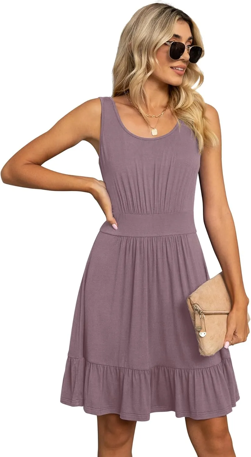 LILBETTER Women's Summer Casual U Neck Sundresses Pleated Knee Length Sleeveless Tank Dress