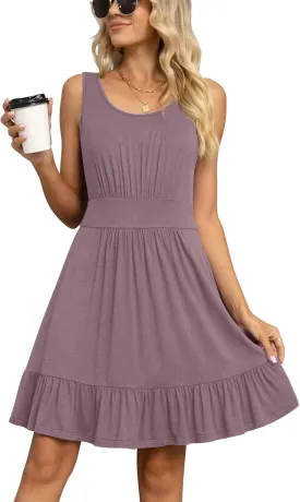 LILBETTER Women's Summer Casual U Neck Sundresses Pleated Knee Length Sleeveless Tank Dress