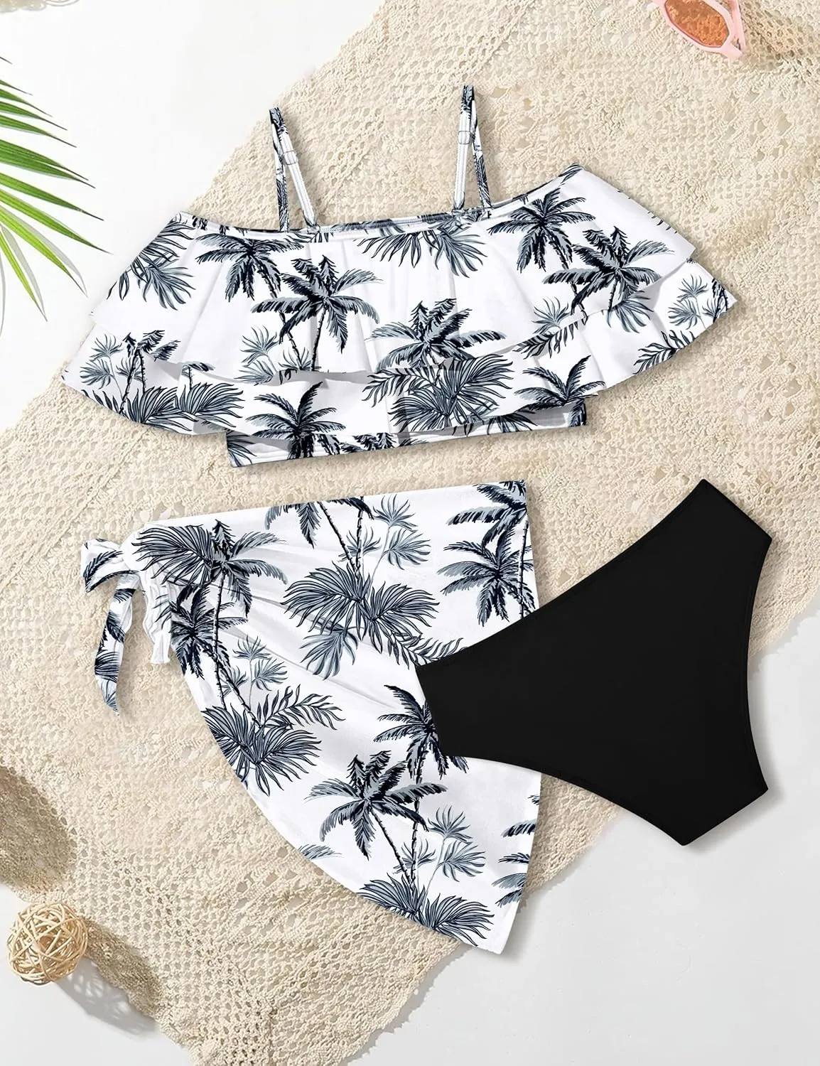 NAPU Girls Swimsuit Cold Shoulder Girls Bikini Set Tropical Girls Bathing Suit Teen Girls Swimwear with Wrap Beach Skirt