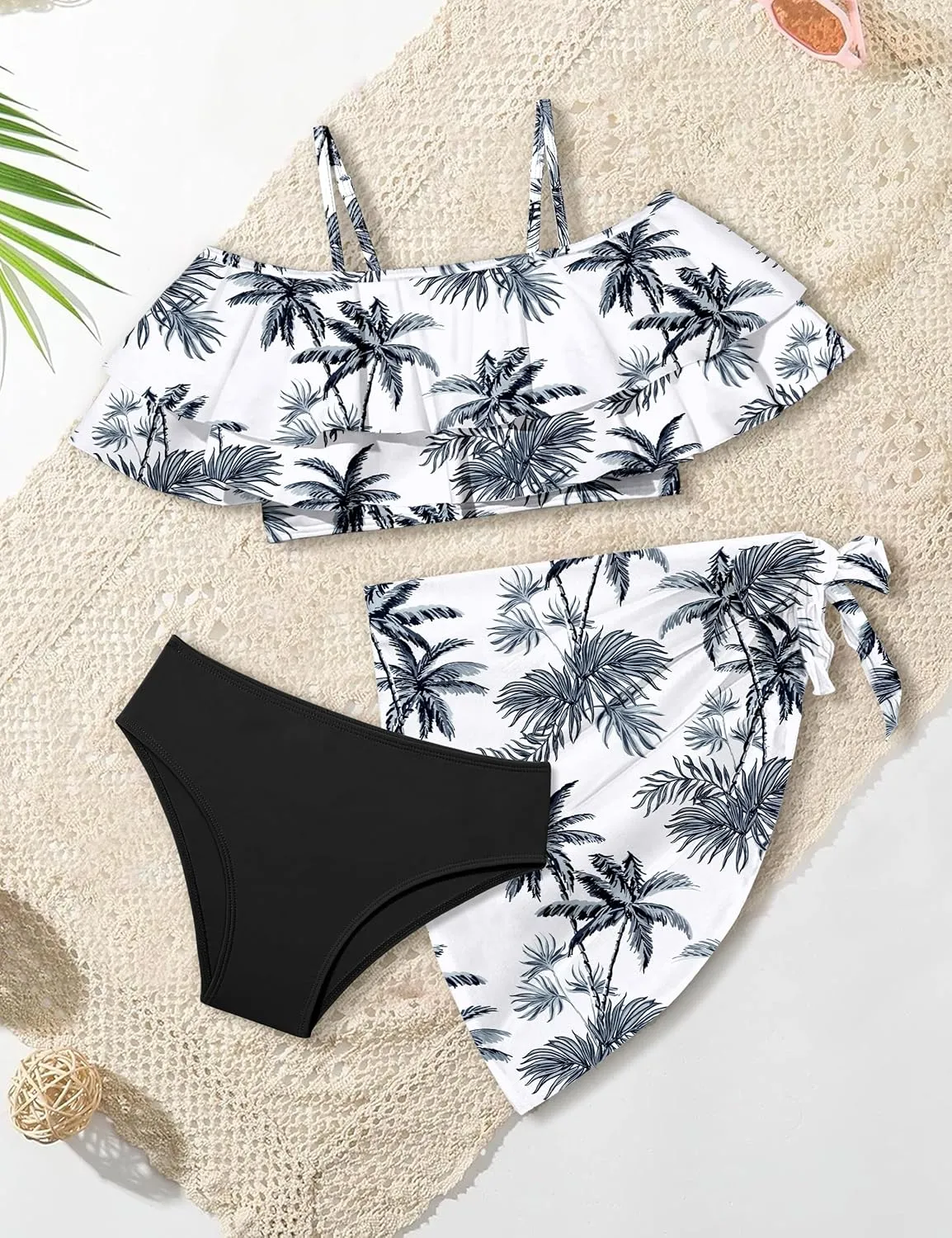 NAPU Girls Swimsuit Cold Shoulder Girls Bikini Set Tropical Girls Bathing Suit Teen Girls Swimwear with Wrap Beach Skirt