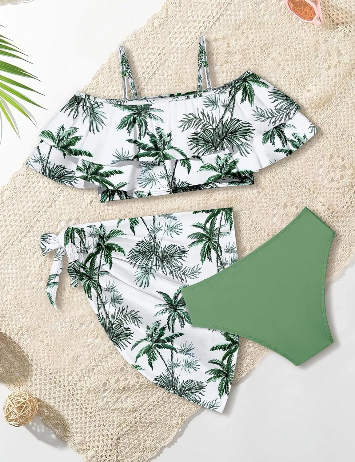 NAPU Girls Swimsuit Cold Shoulder Girls Bikini Set Tropical Girls Bathing Suit Teen Girls Swimwear with Wrap Beach Skirt