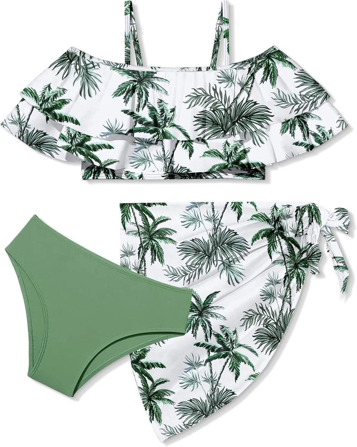 NAPU Girls Swimsuit Cold Shoulder Girls Bikini Set Tropical Girls Bathing Suit Teen Girls Swimwear with Wrap Beach Skirt