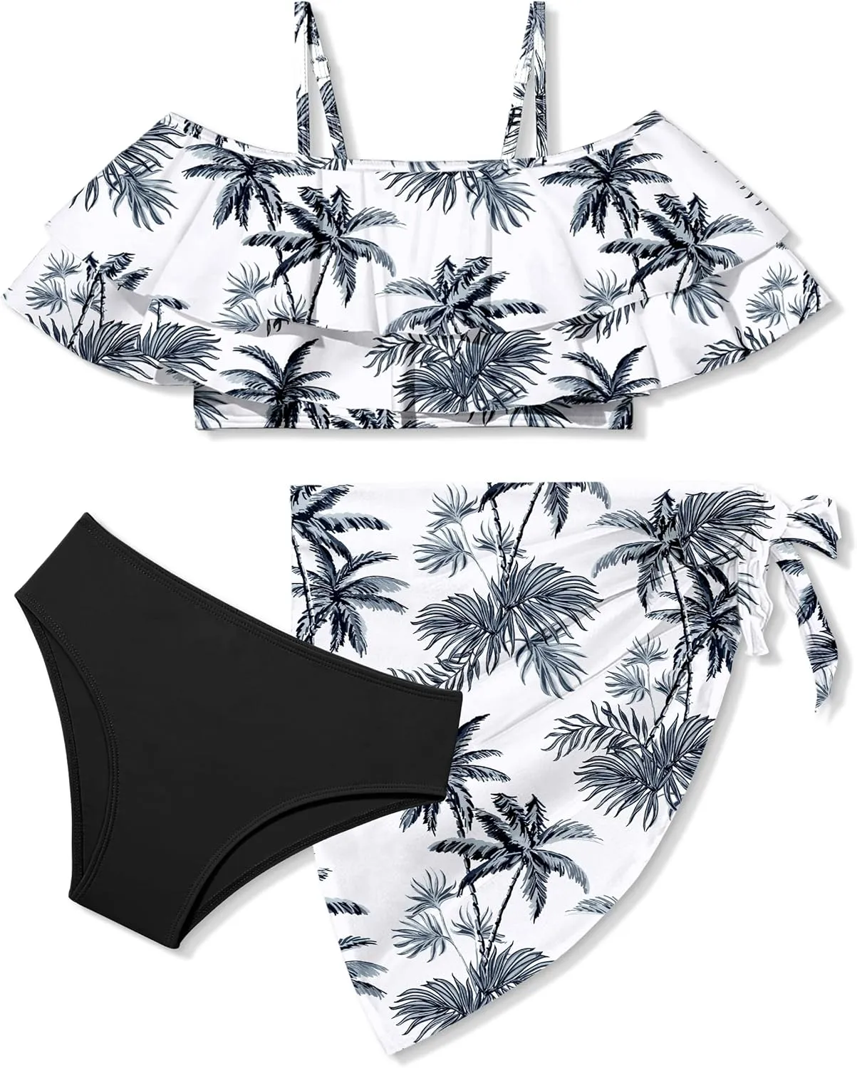 NAPU Girls Swimsuit Cold Shoulder Girls Bikini Set Tropical Girls Bathing Suit Teen Girls Swimwear with Wrap Beach Skirt