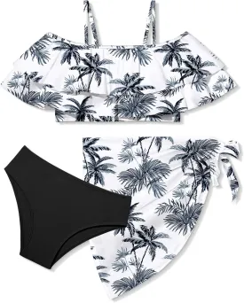 NAPU Girls Swimsuit Cold Shoulder Girls Bikini Set Tropical Girls Bathing Suit Teen Girls Swimwear with Wrap Beach Skirt