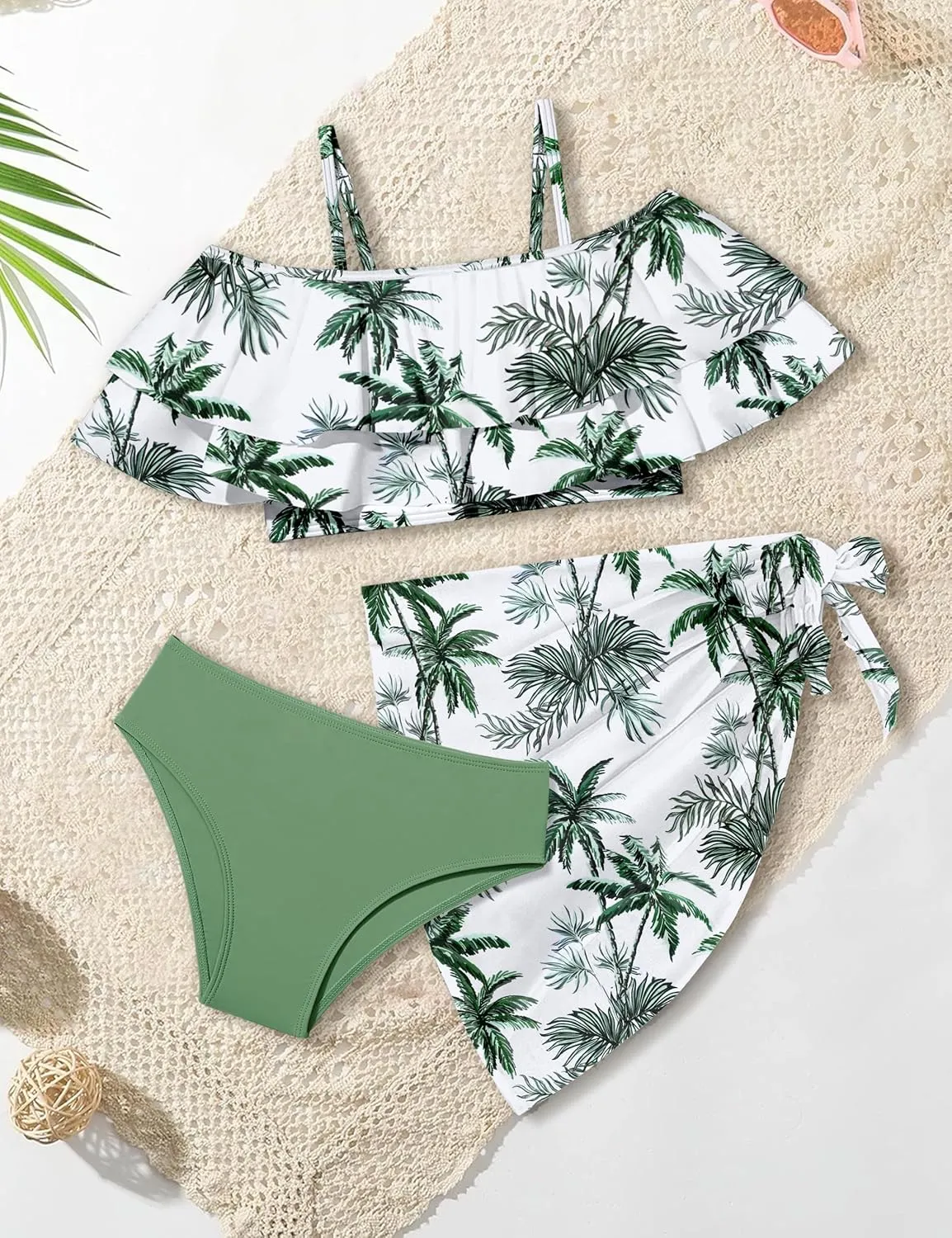 NAPU Girls Swimsuit Cold Shoulder Girls Bikini Set Tropical Girls Bathing Suit Teen Girls Swimwear with Wrap Beach Skirt