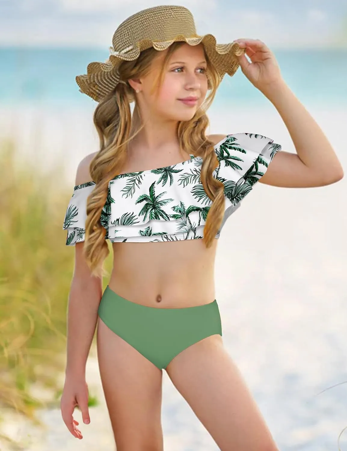 NAPU Girls Swimsuit Cold Shoulder Girls Bikini Set Tropical Girls Bathing Suit Teen Girls Swimwear with Wrap Beach Skirt