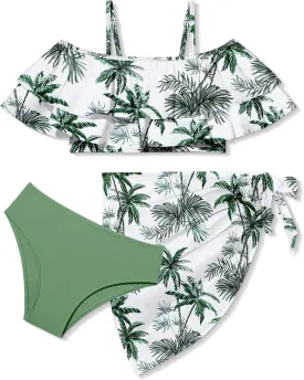 NAPU Girls Swimsuit Cold Shoulder Girls Bikini Set Tropical Girls Bathing Suit Teen Girls Swimwear with Wrap Beach Skirt