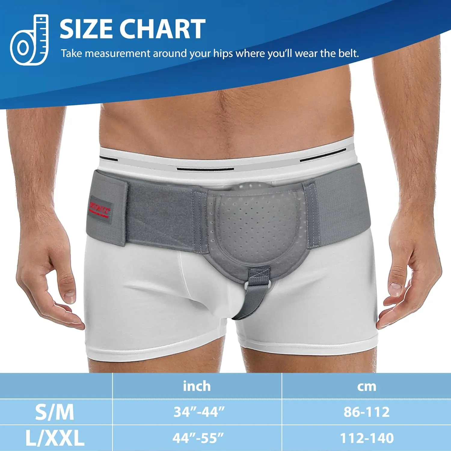 ORTONYX Inguinal Hernia Belt for Men and Women with Removable Compression Pad and Adjustable Waist Strap, Hernia Support Truss for Inguinal, Incisional Hernias, Left/Right Side - Gray L/XXL