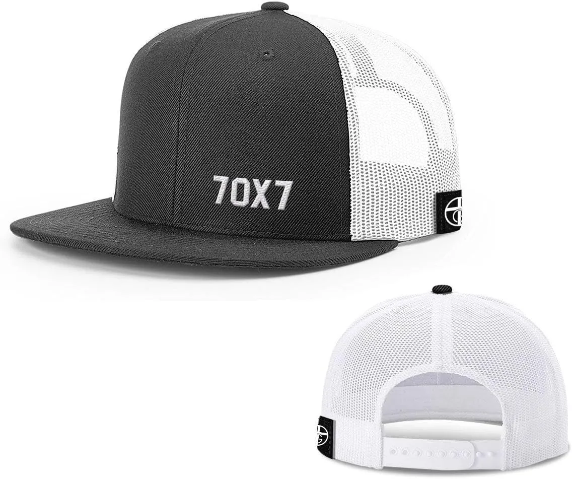 Our True God 70X7 Seventy Times Seven Flatbill Christian Trucker Hat - Adjustable Snapback Hat - Mesh Side for Casual Wear