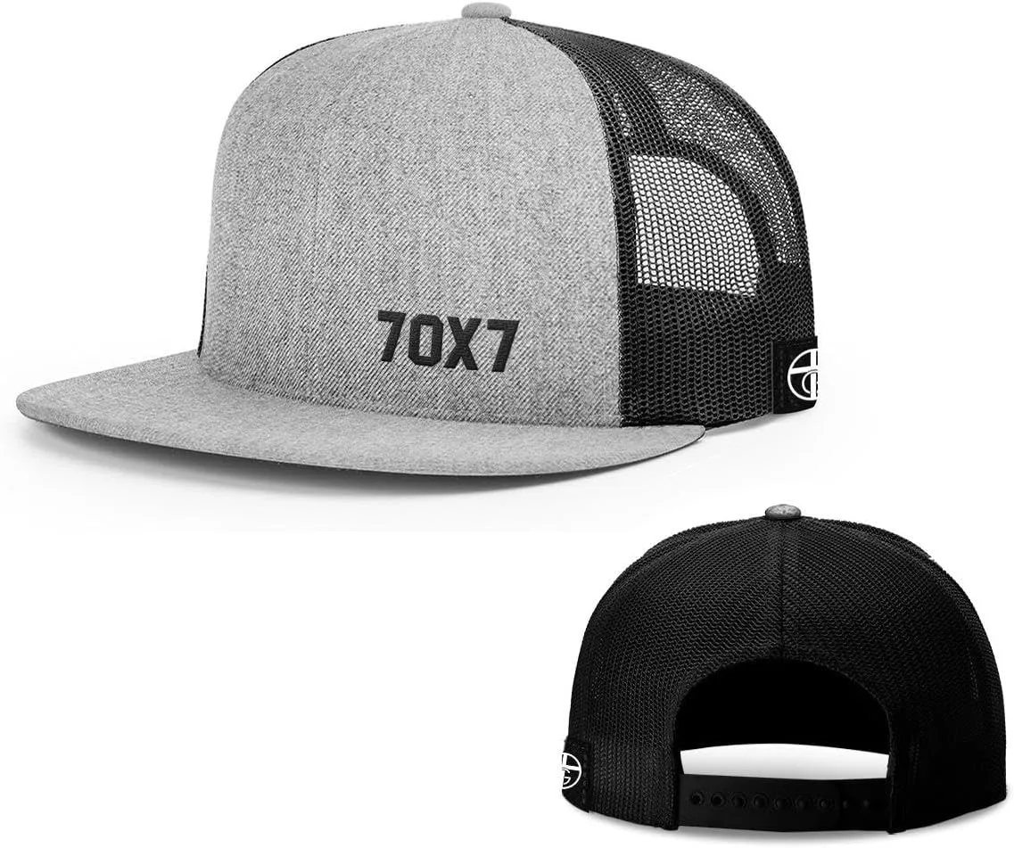 Our True God 70X7 Seventy Times Seven Flatbill Christian Trucker Hat - Adjustable Snapback Hat - Mesh Side for Casual Wear