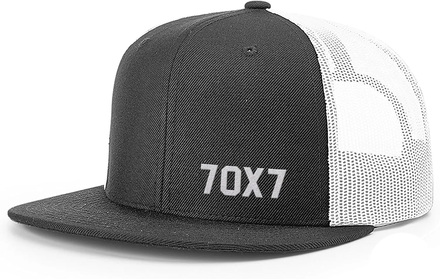 Our True God 70X7 Seventy Times Seven Flatbill Christian Trucker Hat - Adjustable Snapback Hat - Mesh Side for Casual Wear