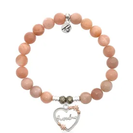 Peach Moonstone Stone Bracelet with Heart Grandma Silver Charm