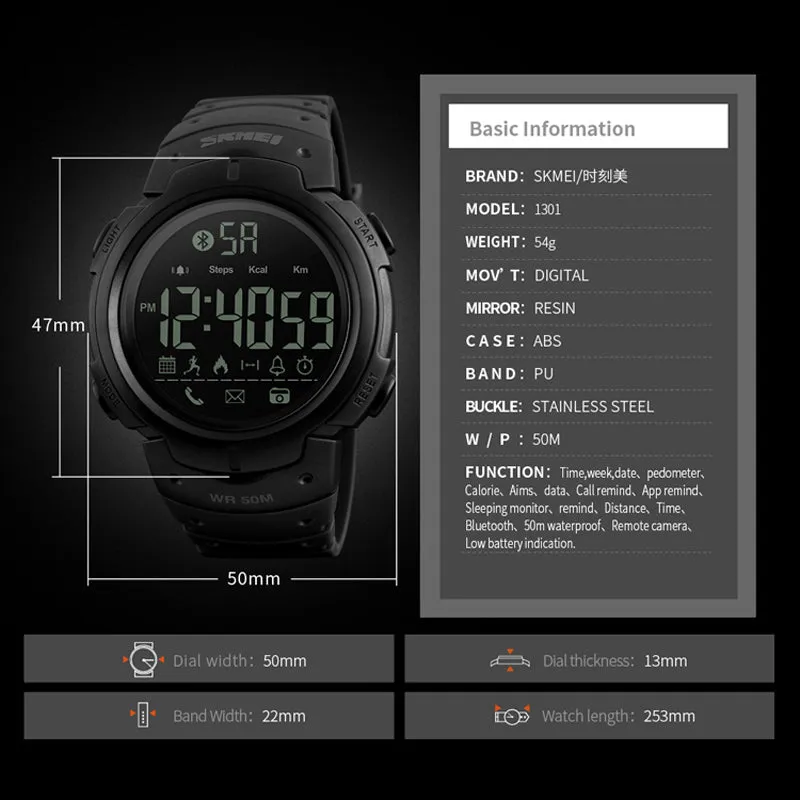 Sport Smart Watch Men SKMEIPedometer Remote Camera Calorie Bluetooth Reminder Digital Watch
