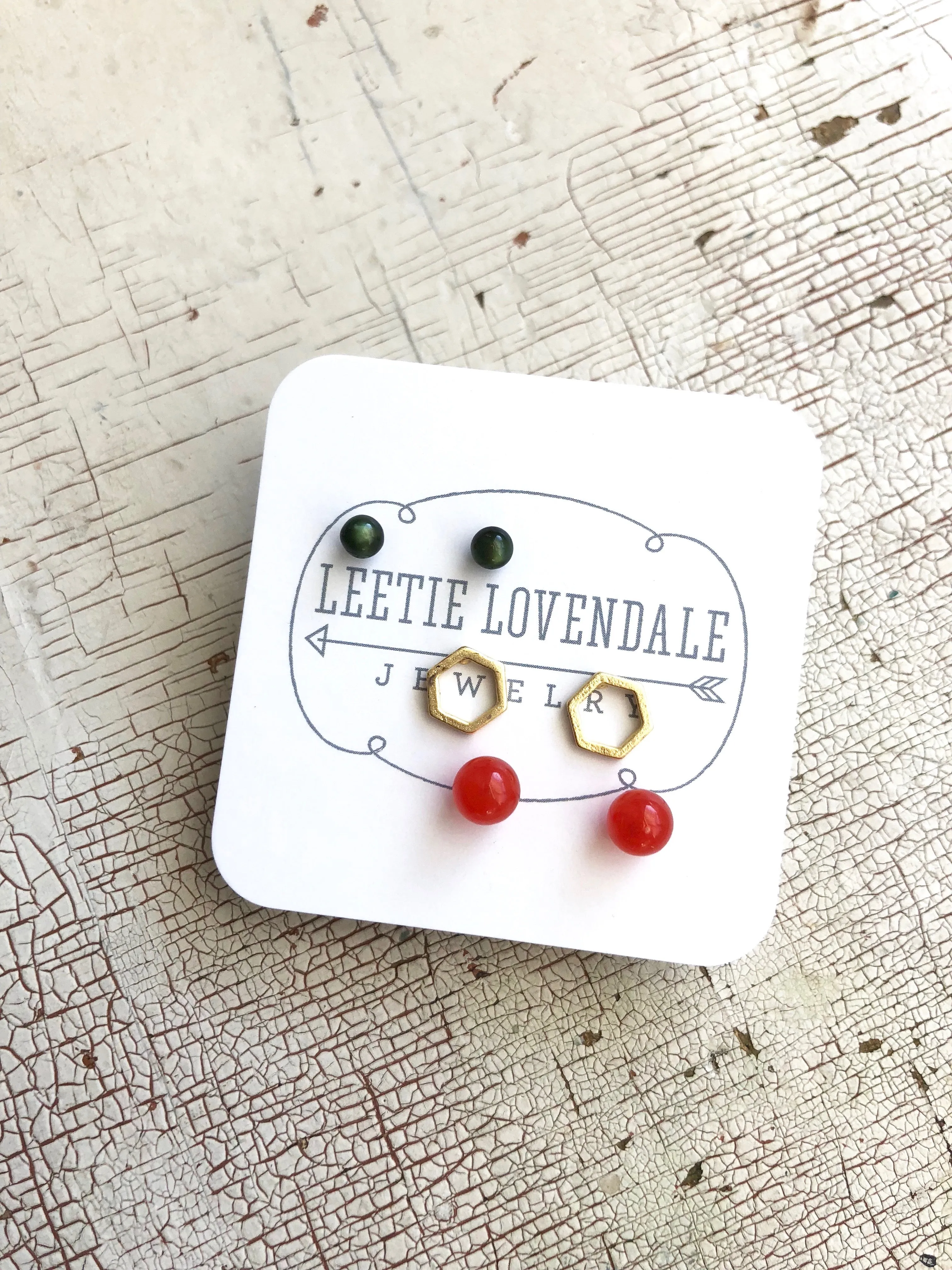 Tiny Forest Green Tomato Red & Frosted Gold Hexagon Geo Studs Earring Set